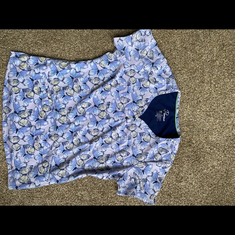 Adorable blue and yellow butterfly scrub top Medium Used